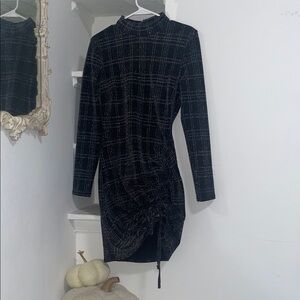 Black and Silver Plaid Long Sleeve Dress